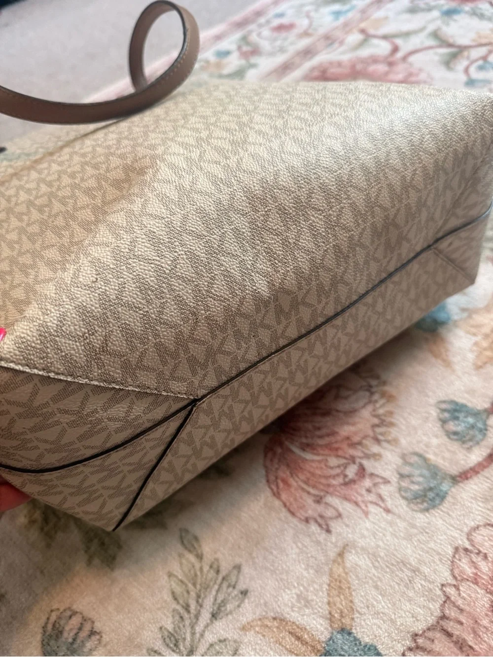 Michael Kors Beige Signature MK Logo Tote with Brown Leather Straps